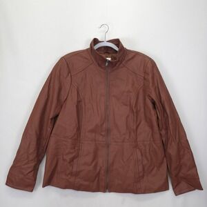 Denim & Co Faux Leather Jacket Brown Zip‎ Front Lined Moto Style Women's XL